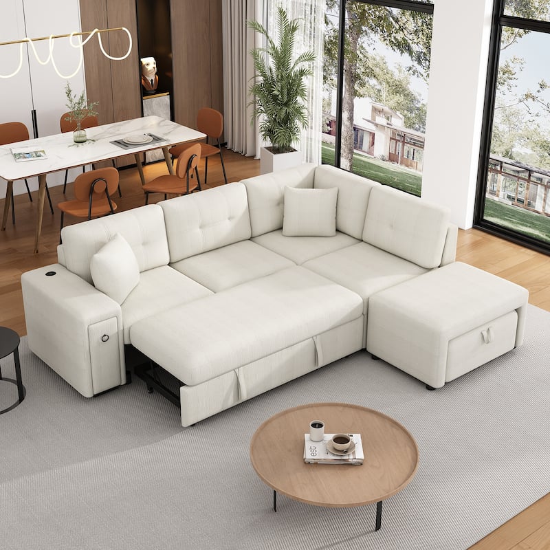 86.6" L-shaped Sleeper Sofa Bed Set with Ottoman and Cup Holders