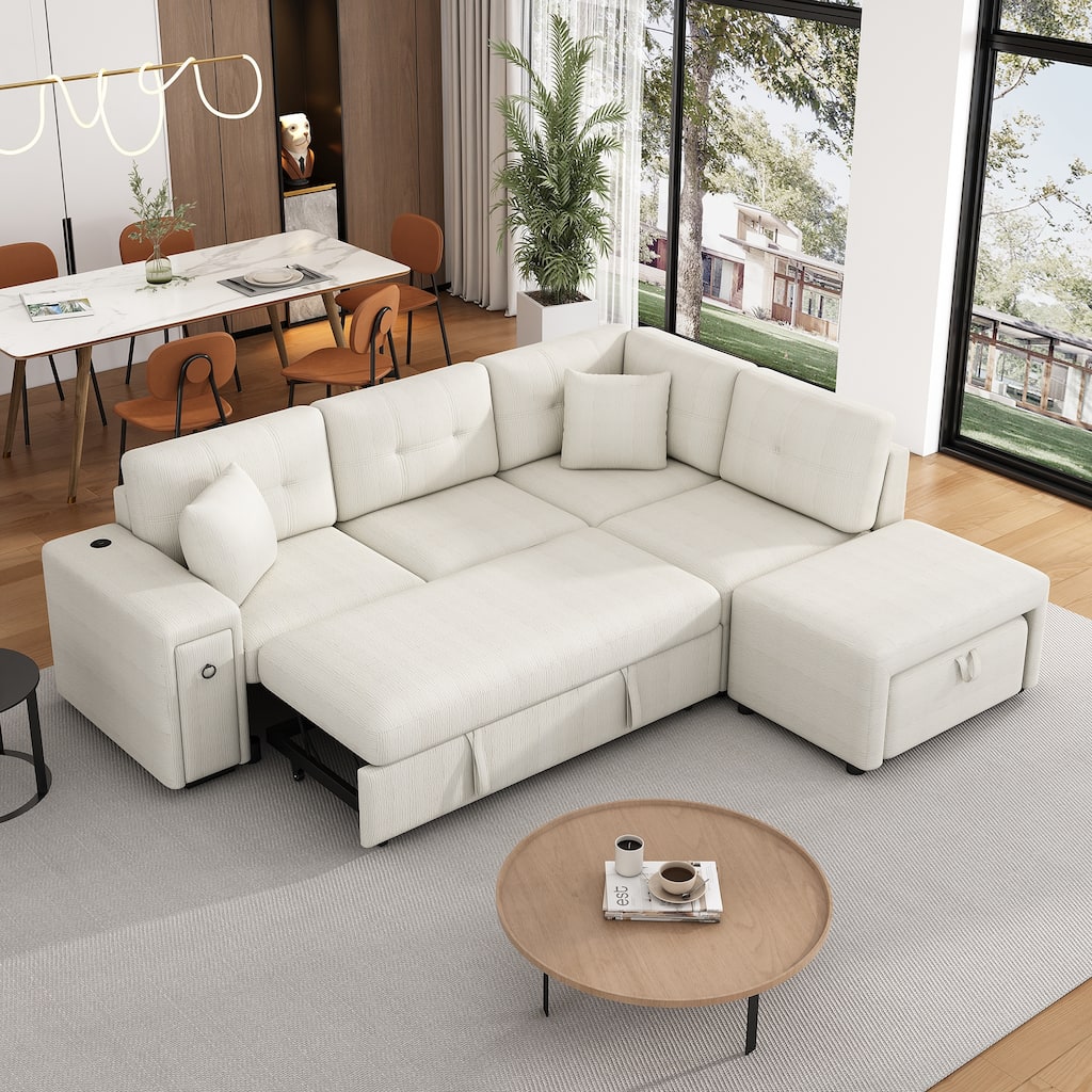 Beige 86.6" L-shaped Convertible Sectional Sofa with Pull-out Bed, Movable Ottoman, Drop-down Console Table, USB Ports, Drawer