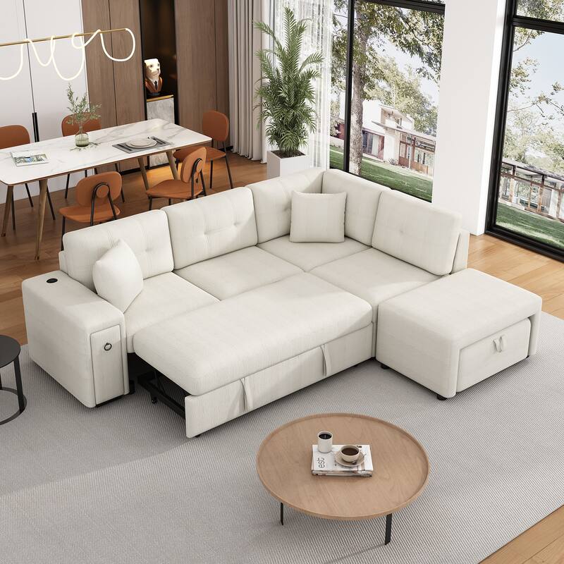 Contemporary Convertible Sofa with Pull Out Bed and USB Ports and Hidden Storage for Small Space Living Room and Guest Hosting