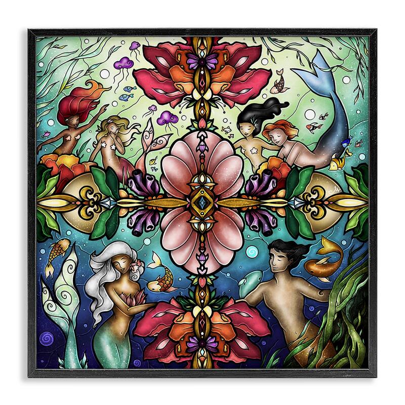 Stupell Detailed Stain Glass Style Mermaids Framed Giclee Art Design By Mandie Manzano - 24 x 24 - Black
