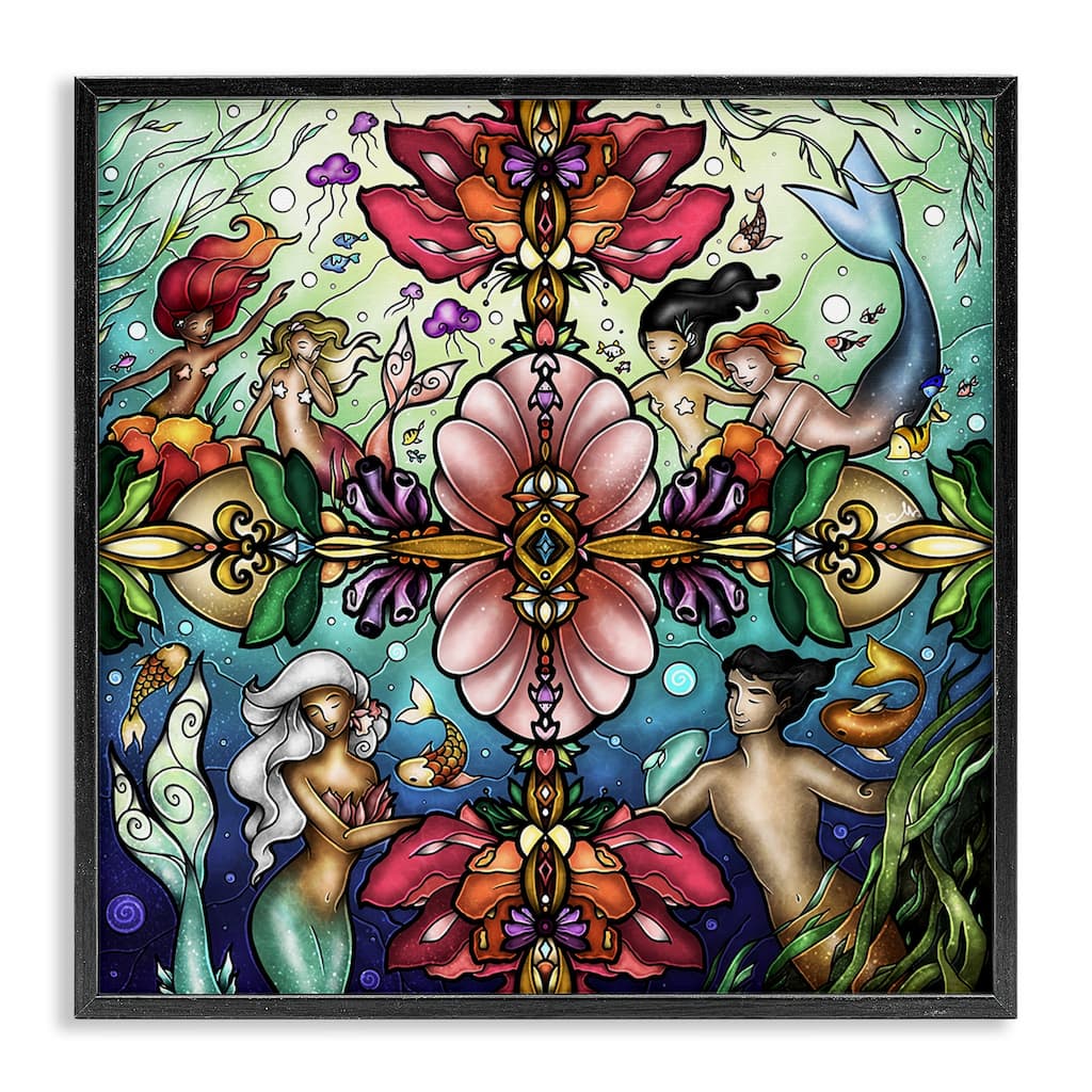 Stupell Detailed Stain Glass Style Mermaids Framed Giclee Art Design By Mandie Manzano