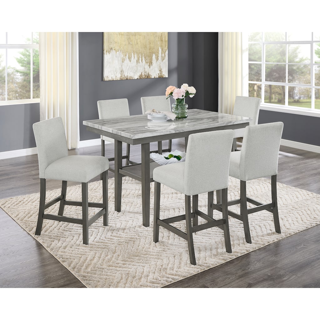 Selena 7-Piece 60" Gray Faux Marble Counter Height Dining Set with Storage Shelf & Light Gray Upholstered Chairs