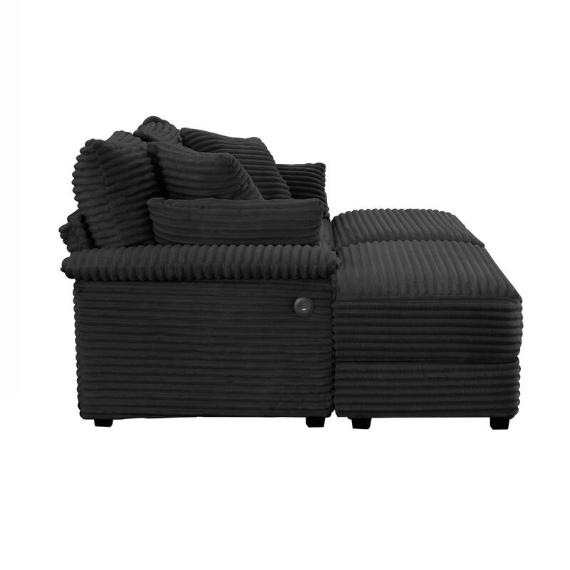 Double Chaise Lounge Set with Reversible Ottoman - Soft Corduroy Fabric, Storage Ottomans,USB Port, Multi-Functional Seat/Table