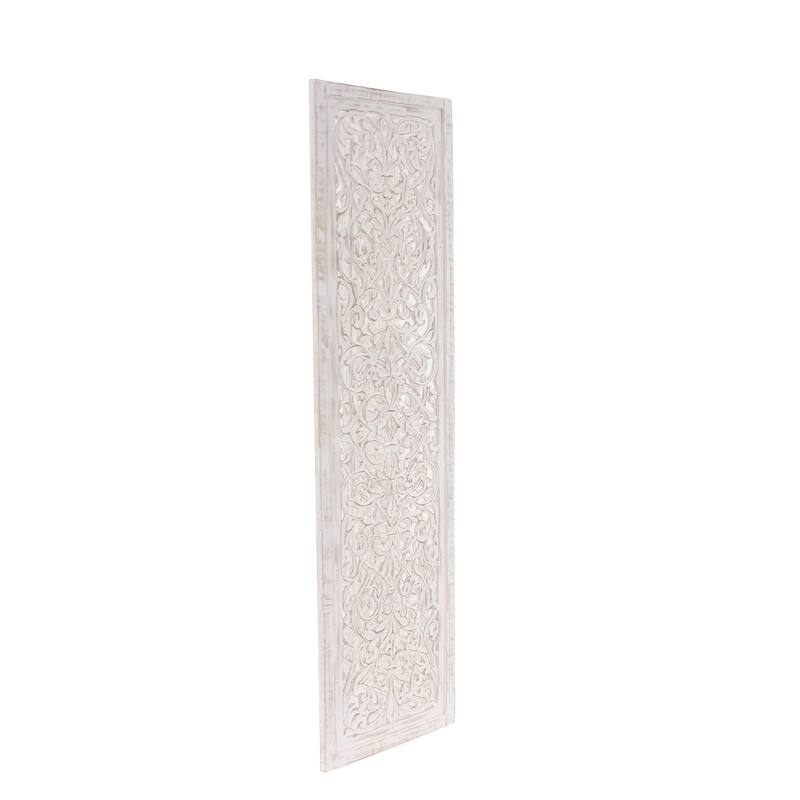 Wooden Floral Handmade Hinged Foldable 3 Panel Room Divider Screen with Intricate Carved Design - White - Roche River Decor