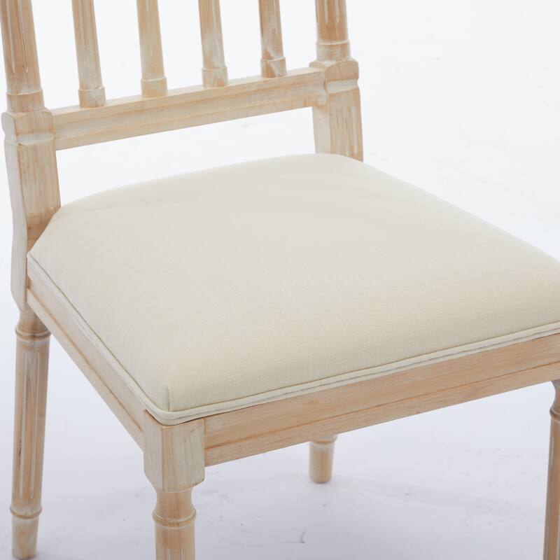 Antique Wooden Dining Chairs Set of 2, with Linen Fabric Seat and Slatted Back