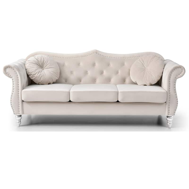 Velvet Tufted Chesterfield 3-Seater Sofa with Throw Pillows - 82" - Beige