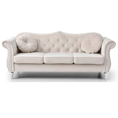 Velvet Tufted Chesterfield 3-Seater Sofa with Throw Pillows - 82" - Beige