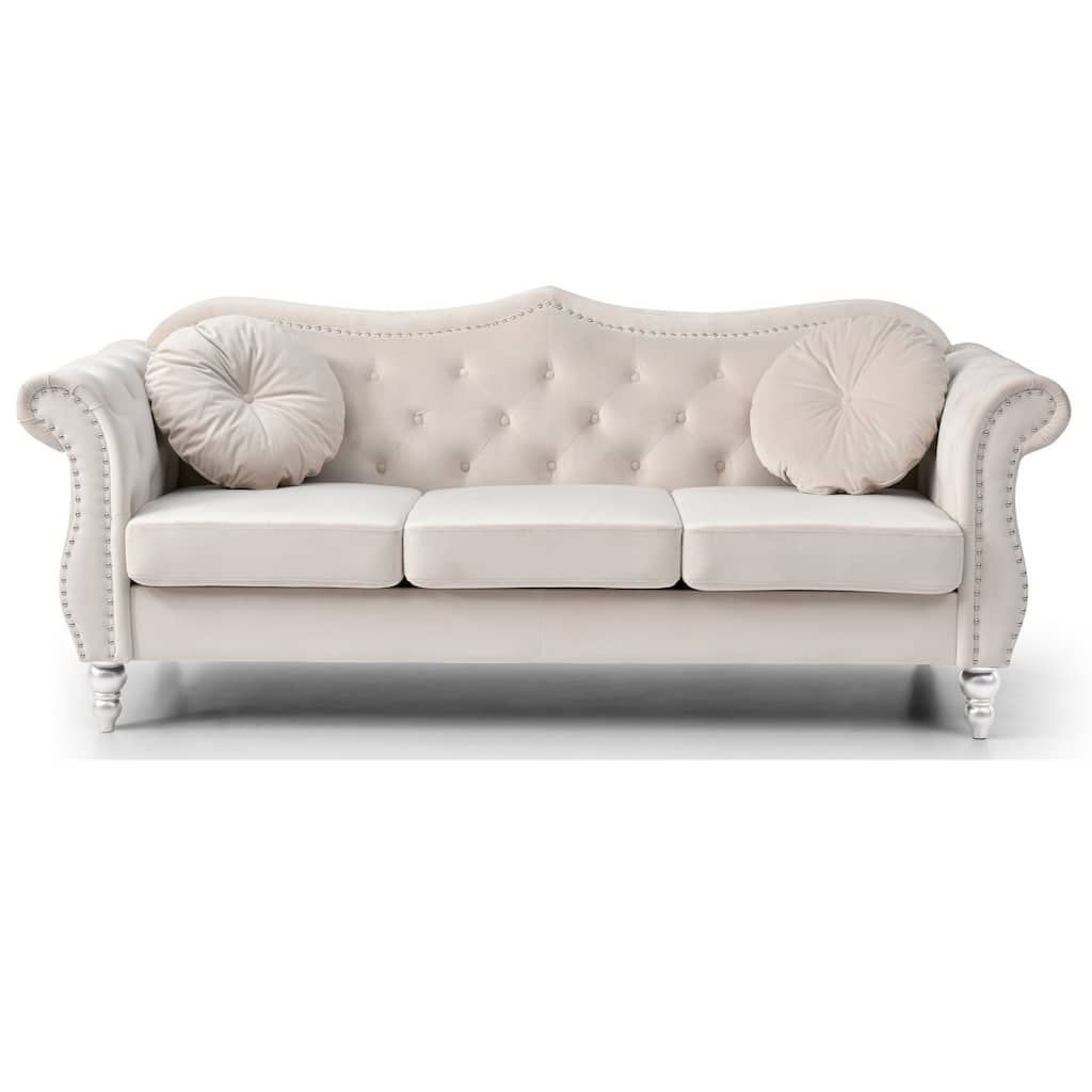 Velvet Tufted Chesterfield 3-Seater Sofa with Throw Pillows - 82" - Beige
