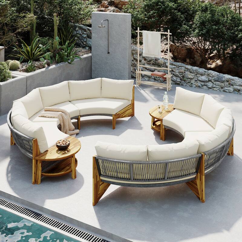 Outdoor 6-Person Round Sectional Furniture Set Patio Sectional Sofa Set with Round Coffee Table for Garden Backyard