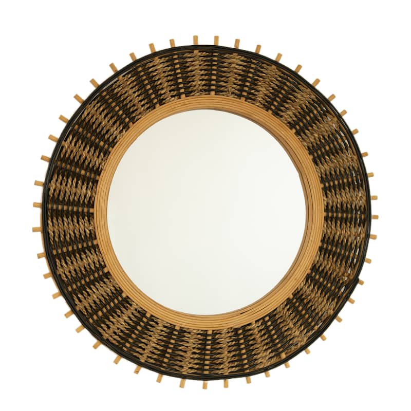 23" Echo Mirror, Bamboo Round Art Wall Mirror with Light Yellow and Black Hemp Ropes, Suitable for Bathroom, Bedroom - Silver,Yellow+Black