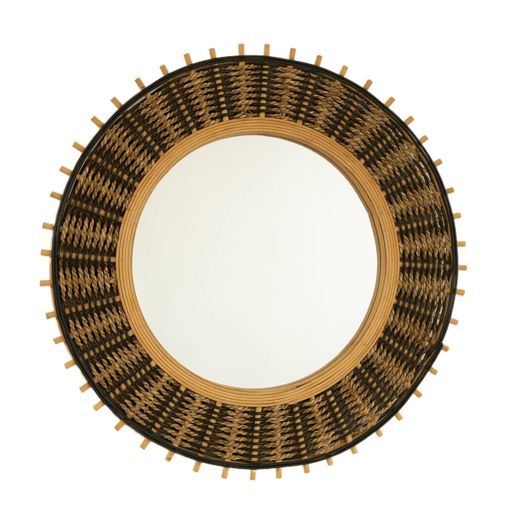 23" Echo Mirror, Bamboo Round Art Wall Mirror with Light Yellow and Black Hemp Ropes, Suitable for Bathroom, Bedroom