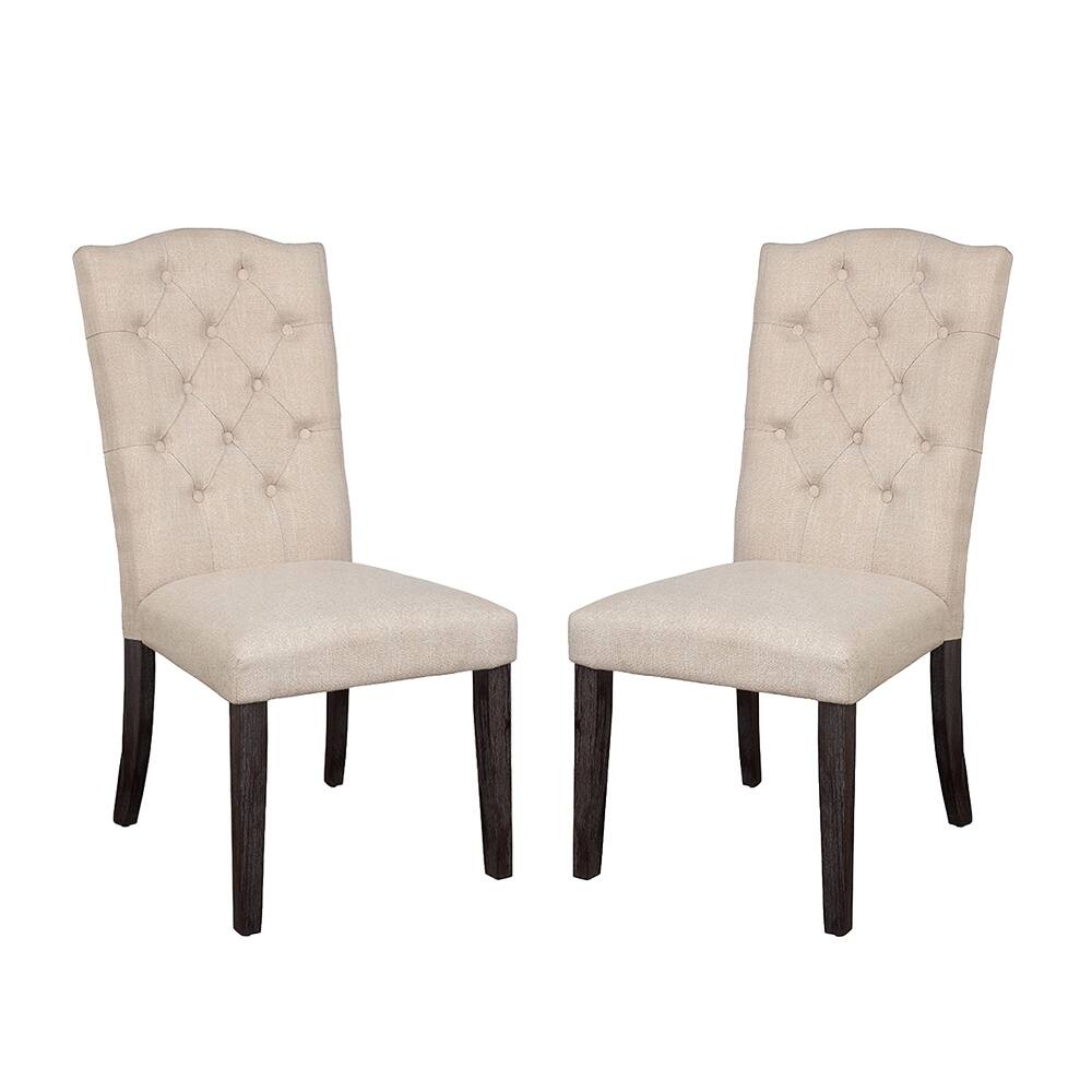 Set of 2 Linen Upholstered Dining Chairs with Tufted Back, Beige and Weathered Espresso