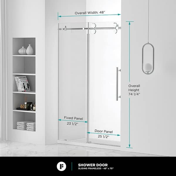 dimension image slide 8 of 25, Fine Fixtures Frameless Clear Sliding Bathroom Shower Door