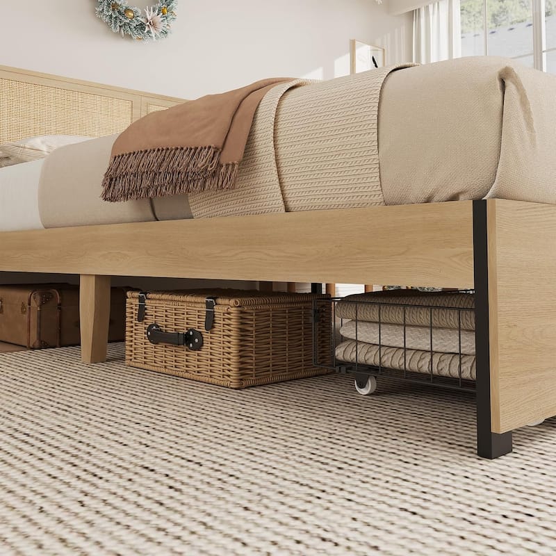 Cane Bed Frame with 2 Storage Drawers and Strong Wood Slats Support