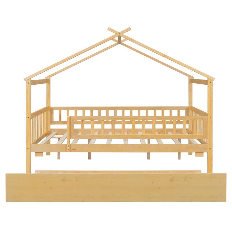 Montessori Bed House Bed with Trundle Bed and Headboard, Wood Daybed Platform Bed Frame No Box Spring Needed for Boys Girls