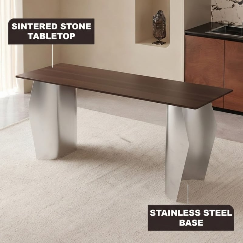 Zelan Mid-Century Modern Sintered Stone Dining Table - Rectangular Kitchen Table with Semi-Circular Steel Legs