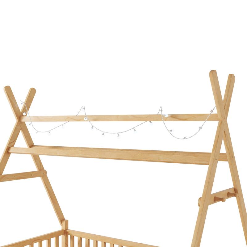 Twin House Bed with Light, Low Floor Design, Fence and Roof for Kids, Natural Finish