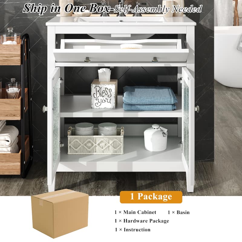 30" Modern Bathroom Vanity Set with Ceramic Sink - Adjustable Shelf & Tip-Out Tray, Soft-Close Hinges, Silver Knobs