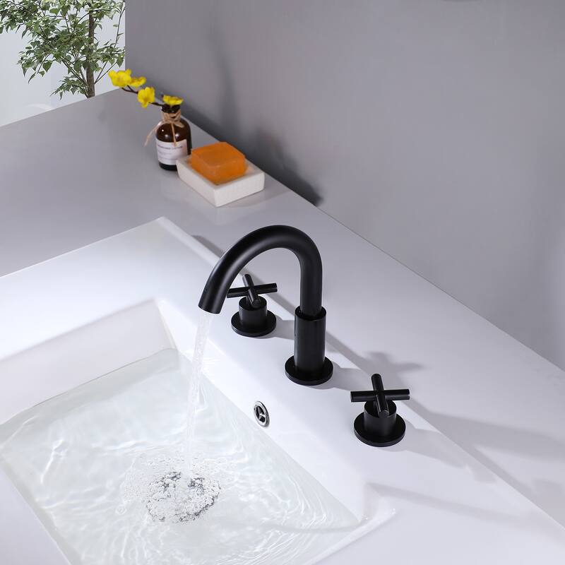 High-Arc Matte Black Bathroom Sink Faucet 3 Hole Widespread with 2 Cross Handles