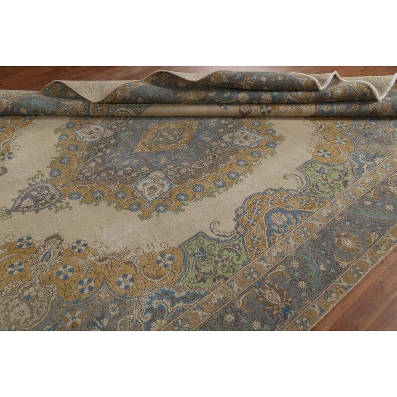 Hand Knotted Oriental 100% Wool Carpet Traditional Medallion Beige & Ivories Tabriz Area Rug - 11' 6'' X 8' 0''