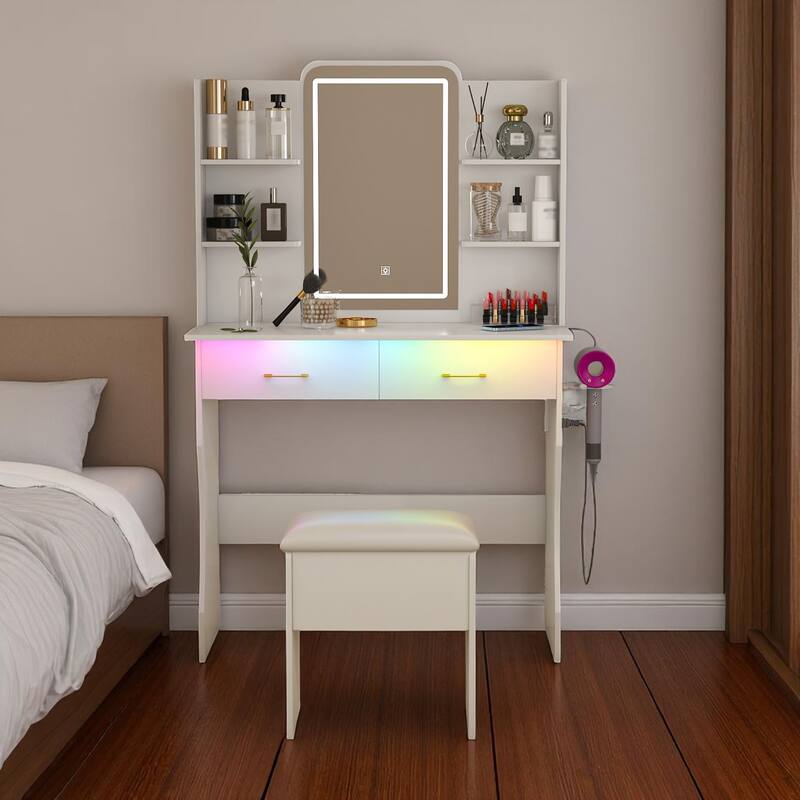 KISRAIS 35.4" Fashion Vanity Desk with Mirror and Lights, Cushioned Stool, Power Station, and Hair dryer bracket