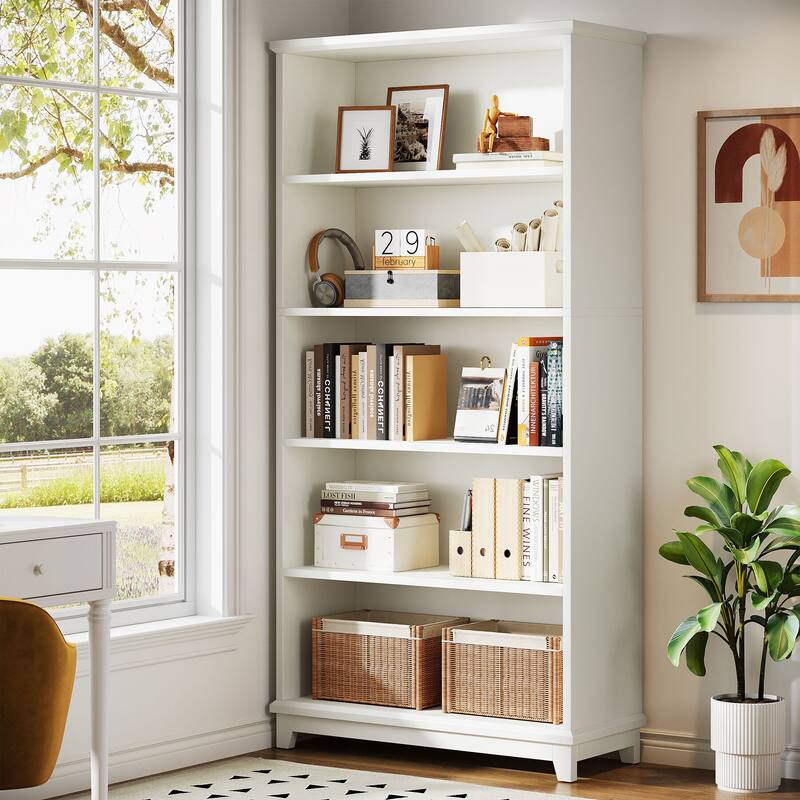 5-Tier White 70" Tall Wooden Bookshelf, Open Display Shelving