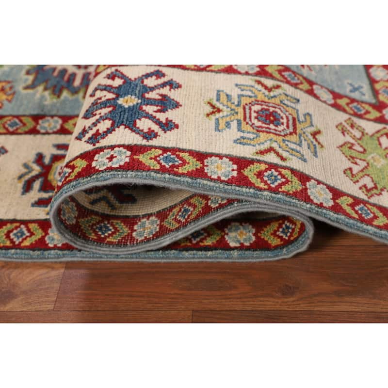 Traditional Light Blue Geometric Kazak Rug Hand-Knotted Wool Carpet - 4'11" x 6'9"
