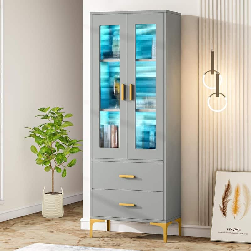 Tall Bookcase Bookshelf with Doors and LED Light - Grey