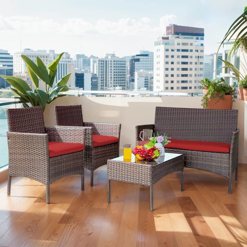 4 Piece Outdoor Patio Furniture Set With Cushions, Patio Wicker Conversation Set & Glass Coffee Table