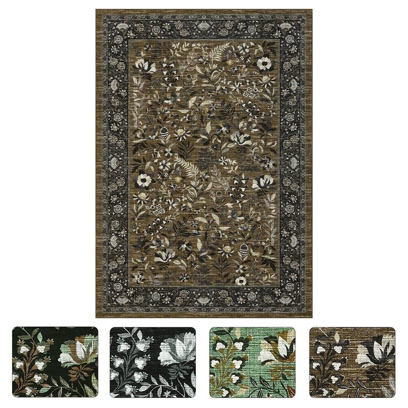 Botanical Area Rugs for Living Room Floral Leaves Pattern Rug Washable Farmhouse Soft Non-Slip Accent Carpet