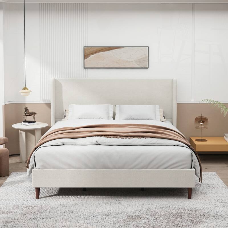 High Headboard Upholstered Bed with 12-Slat Support - Beige/Chenille Cloth - King