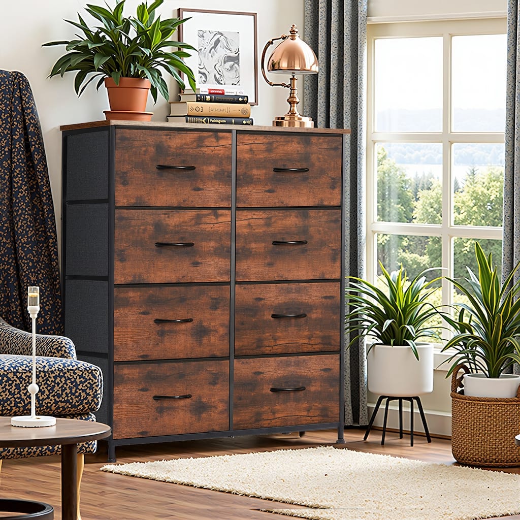 Dresser for Bedroom, 8 Storage Drawers, Tall Fabric Closet Chests Organizer Tower Furniture with Wooden Top Metal Frame
