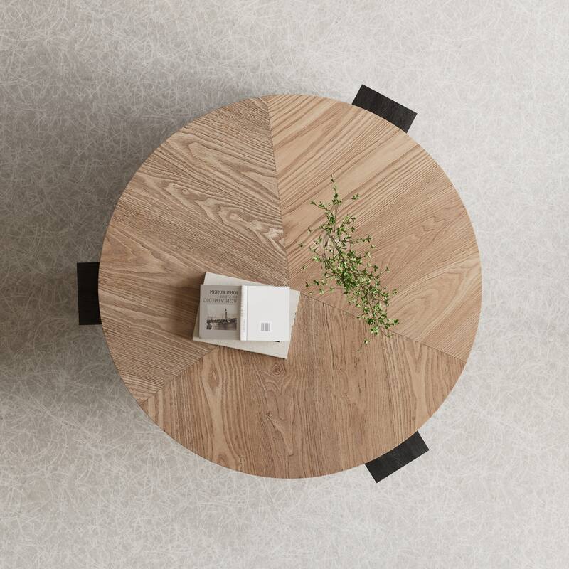 33" Round Coffee Table with Hidden Storage, Parquet Veneer Top Table, 3 Block Legs Sturdy Center Accent Table for Living Room