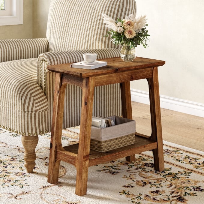 2-Tier Solid Wood End Table, Side Table for Living Room, Bedroom