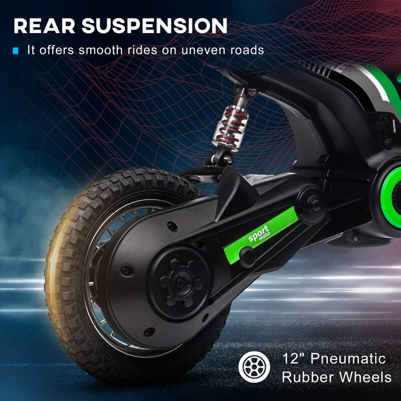 24V Teen Electric Motorcycle with Manual Throttle, Music, Horn, Pneumatic Wheels, 6.2-14.9 mph Speed, for Ages 13+