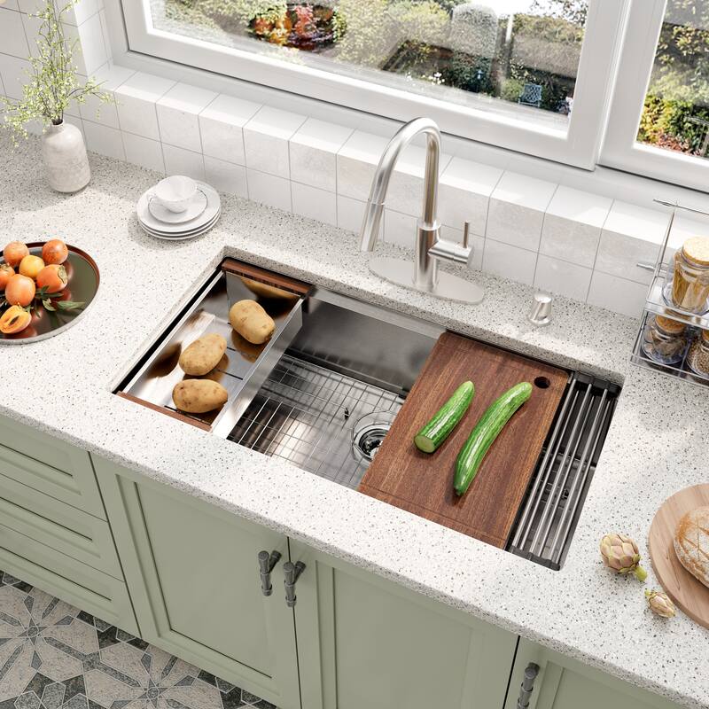 Nano Brushed Stainless Steel Undermount Workstation Kitchen Sink with Touchless Pull-Down Kitchen Faucet and Accessories