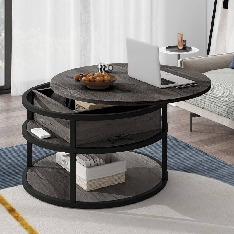Moasis Farmhouse Lift Top Round Coffee Table with Hidden Storage and Base Shelf for Living Room