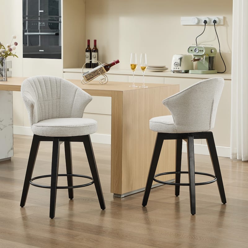 Chenille Upholstery Wing Back Swivel Bar Stools w/ Wood Legs(Set of 2)