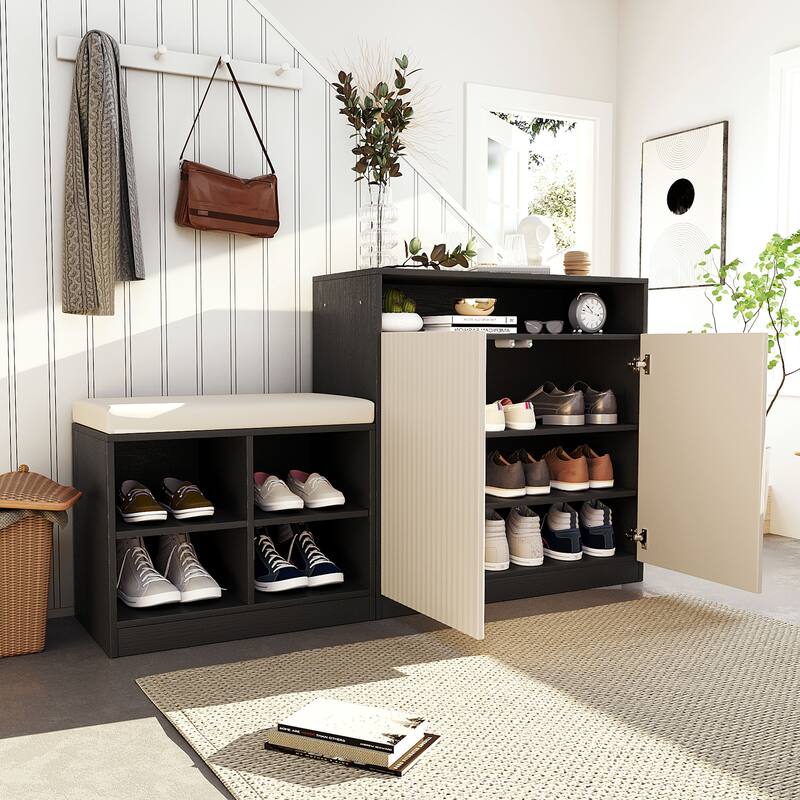 Shoe Cabinet with Bench, Doors & Adjustable Shelves, Entryway Bench with Open Shoe Racks, Storage Console Table with Hooks - Beige+Black