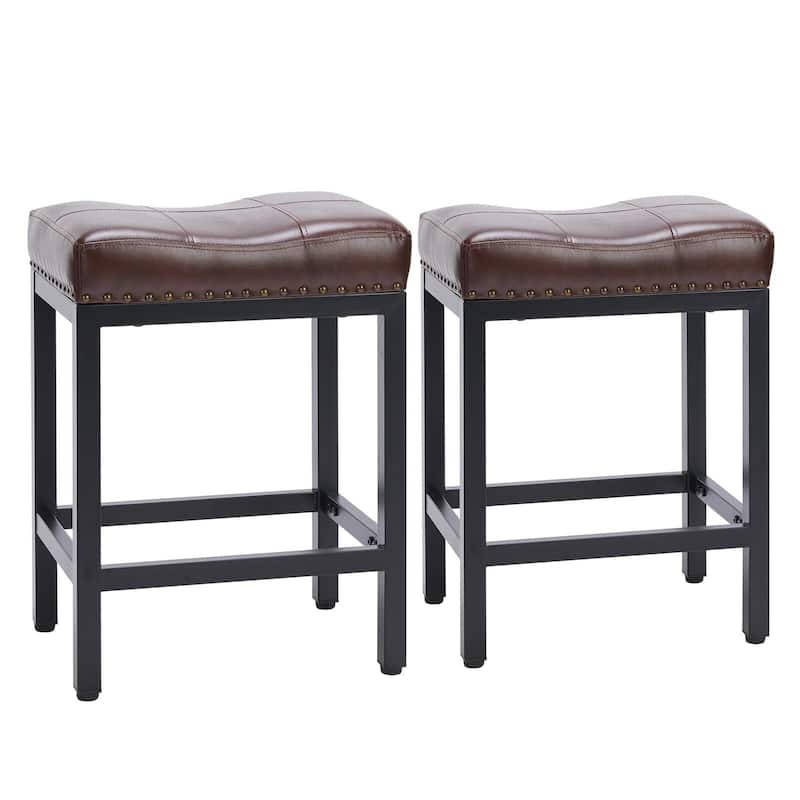 24 in. H Upholated PU Leather Thick Saddle Seat Counter Bar Stools Set of 2, Kitchen Chairs with Metal Base