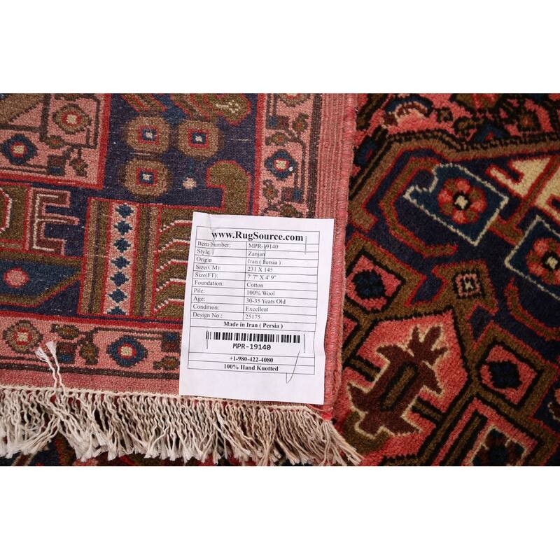 Pink Geometric Zanjan Vintage Persian Rug Hand-Knotted Wool Carpet - 4'9" x 7'7"
