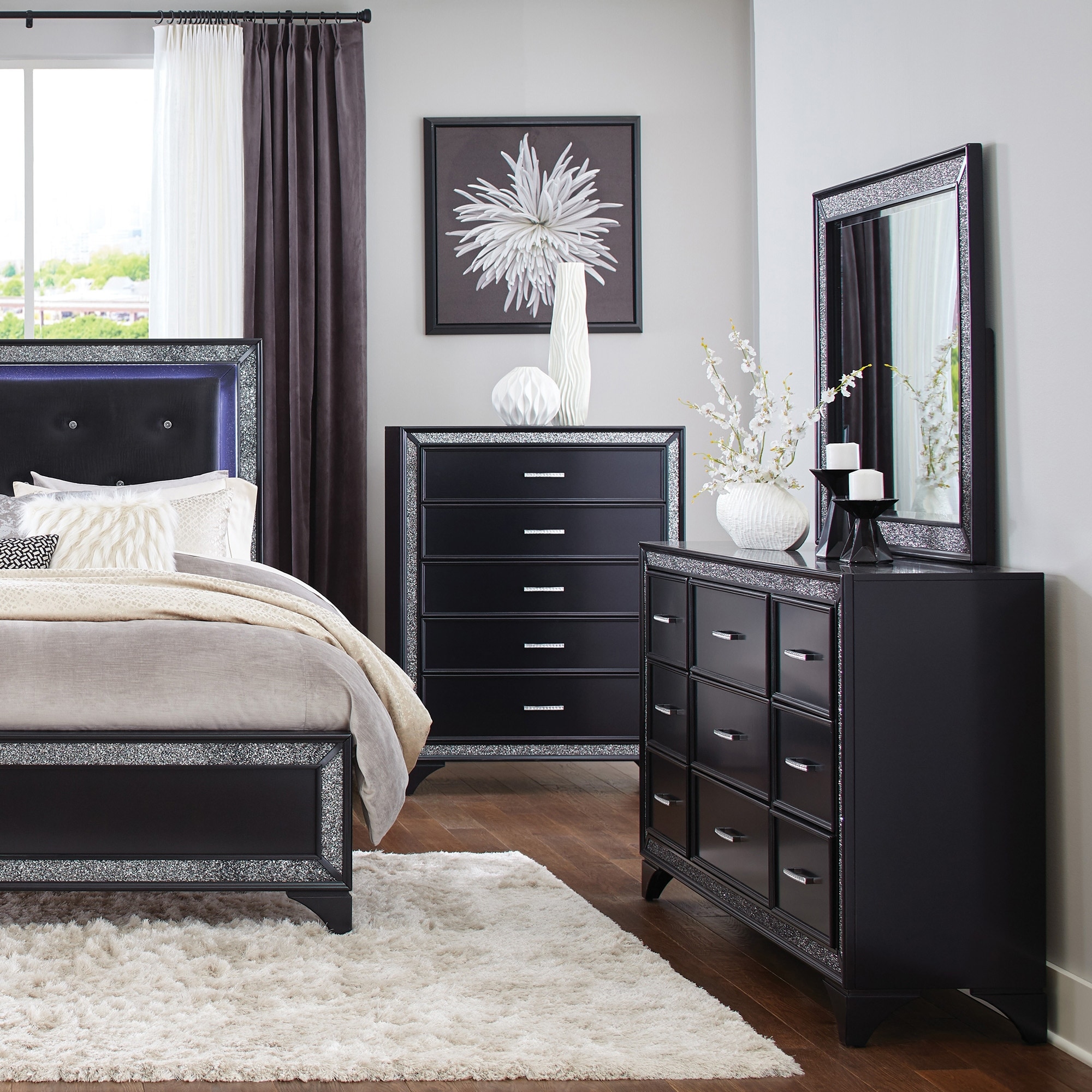 Metallic Finish Dresser Glitter Trim Modern Bedroom Furniture - Bed Bath &  Beyond - 39212174
