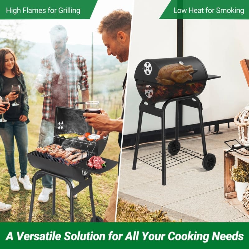 Barrel Charcoal Grill With Side Table And Wheels
