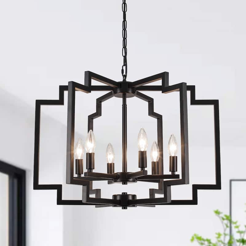 Elegant retro 6-light metal semi-openwork lampshade with adjustable height suspension rod suitable for multiple different spaces - Black