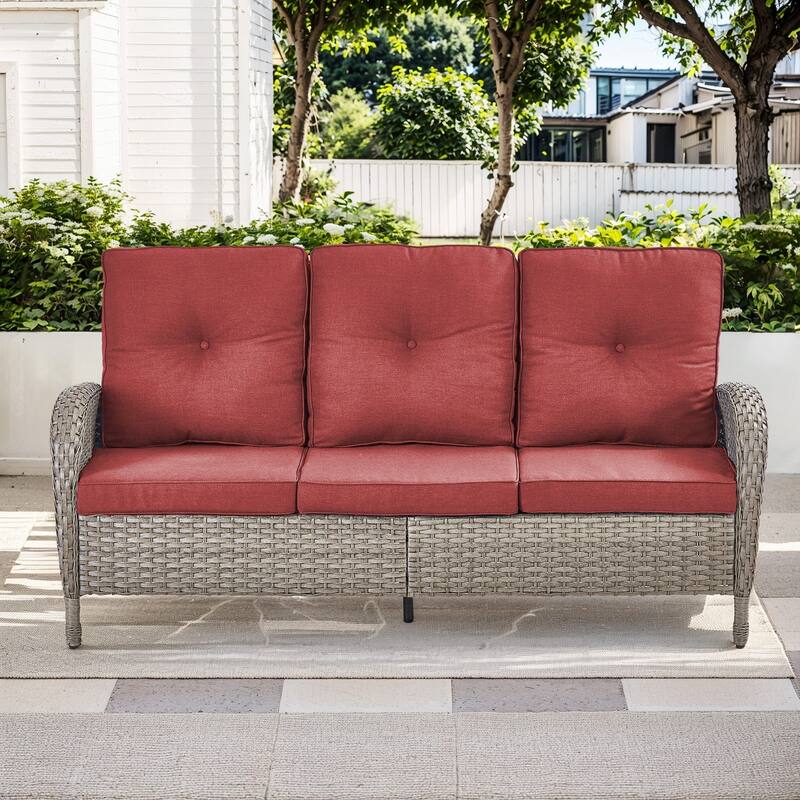Outdoor Wicker Patio Sofa with Deep Seating - Grey- Red