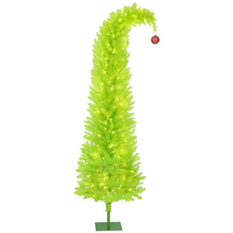 72 INCH Whimsical Christmas Tree, Pencil Xmas Tree with Red Ball, Metal Base, Prelit with 230 LED Lights
