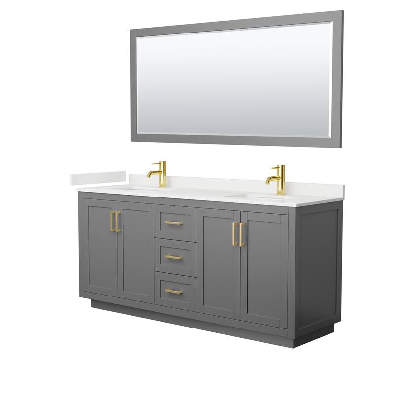Miranda 72-inch Double Vanity, Quartz Top, 70-inch Mirror - Dark Gray, Gold Trim, White Quartz Top