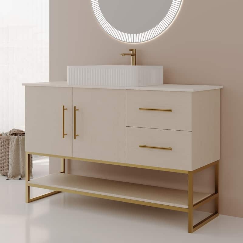 47.2" Contemporary Bathroom Vanity with Ceramic Vessel Sink and Storage - Gold Finish - White