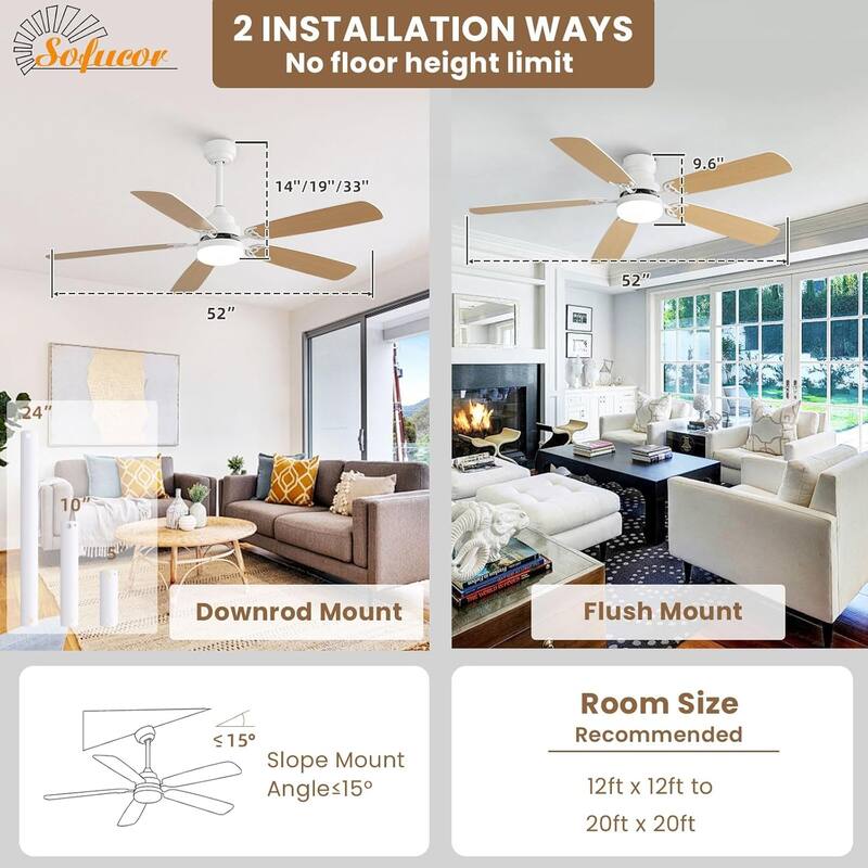 52 Inch Flush Mount & Downrod Ceiling Fan With Light and Remote Modern Ceiling Fan Bedroom - N/A