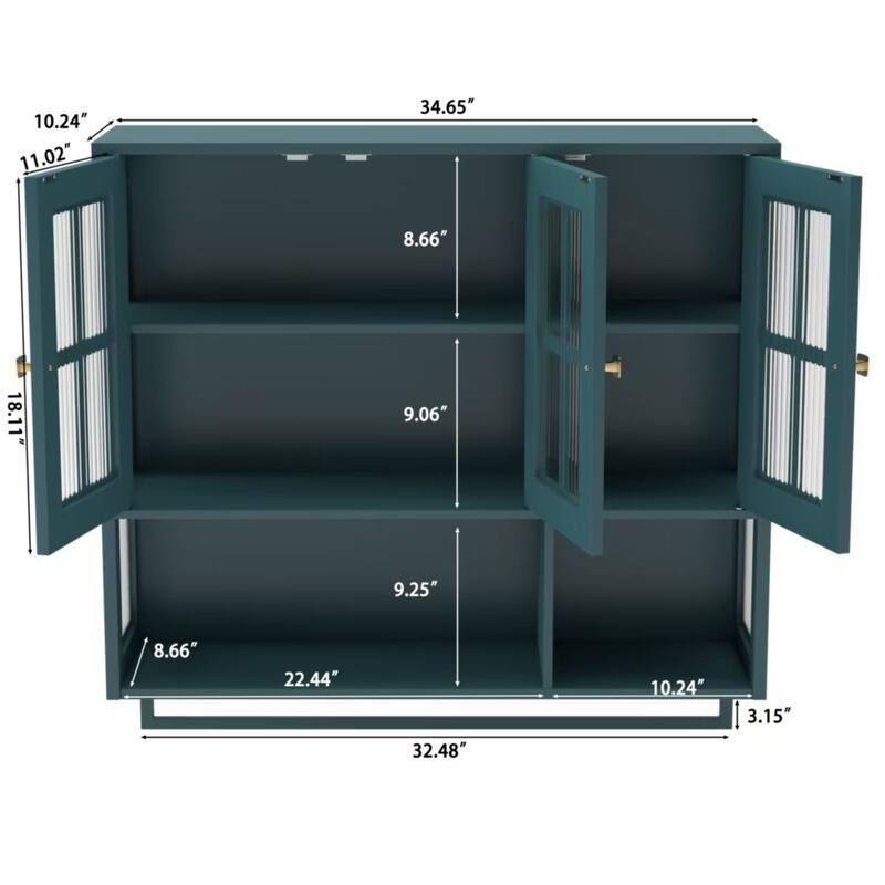3-Door Bathroom Wall Cabinet with Glass Door, Towel Bar & Storage